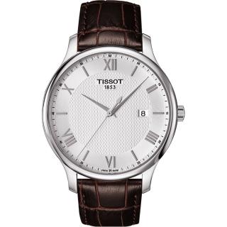 【TISSOT】Tradition 羅馬經典大三針石英腕錶-銀x咖啡/42mm 送行動電源 畢業禮物(T0636101603800)