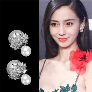 【HaNA 梨花】韓國蕾絲花框珍珠．兩戴鑲鑽耳環