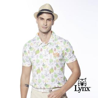 【Lynx Golf】男款吸濕排汗混紡網眼材質滿版樹葉圖樣印花短袖POLO衫/高爾夫球衫(黃綠色)
