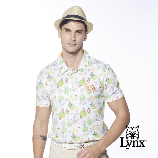 【Lynx Golf】男款吸濕排汗混紡網眼材質滿版樹葉圖樣印花短袖POLO衫/高爾夫球衫(黃綠色)