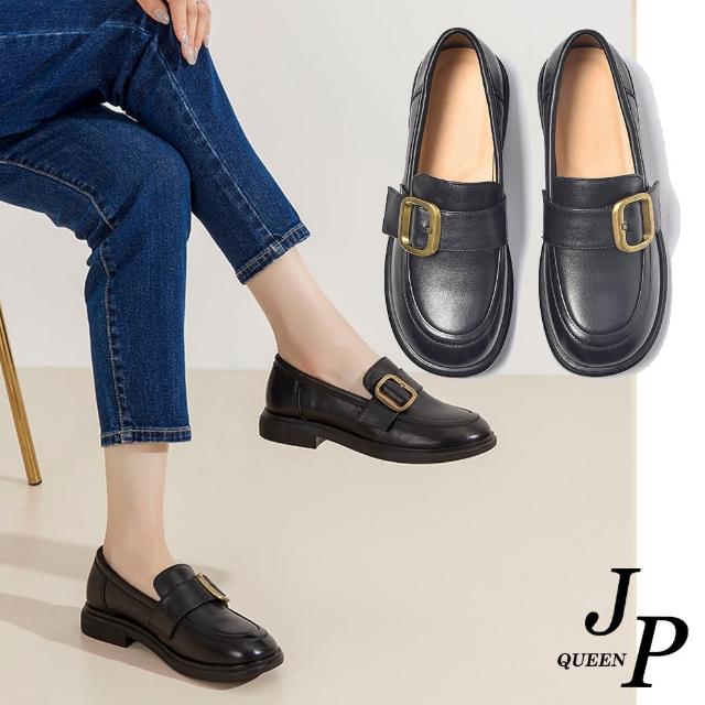 【JP Queen New York】復古方扣雙層牛皮休閒樂福鞋(黑色)