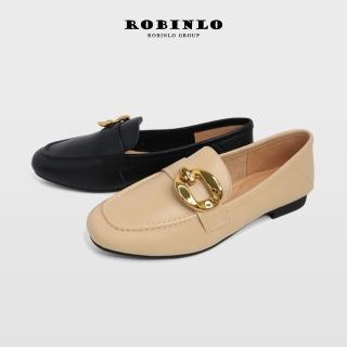 【Robinlo】好感輕著金屬飾釦真皮低跟中大尺碼樂福鞋LAMI(黑色/杏色)