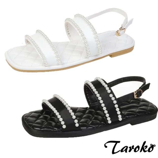 【Taroko】氣質珍珠菱格一字涼拖鞋(2色2款可選)