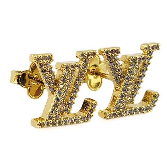 【Louis Vuitton 路易威登】鑲水晶萊茵石LV字樣墜飾金色金屬耳環(專櫃排隊款)