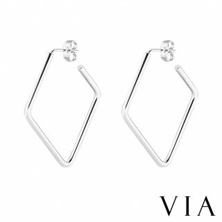 【VIA】鋼耳環 鈦鋼耳環/時尚幾何40MM菱形線條造型個性鈦鋼耳環(3色任選)