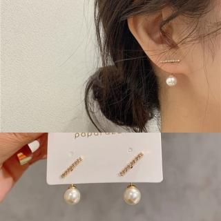 【Emi 艾迷】韓系 簡約一字鋯石珍珠上下 925銀針 耳環