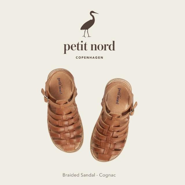 【丹麥 Petit Nord】手工製植鞣真皮-白蘭地棕圓頭交叉編織涼鞋(TM2306-140)