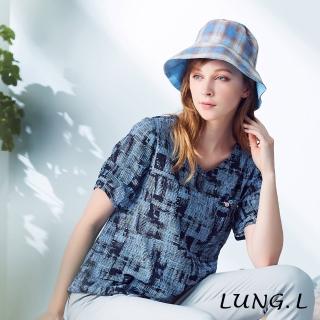 【LUNG.L 林佳樺】LK98A#藍色細格紋小V領短袖上衣(女裝)