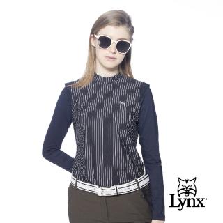 【Lynx Golf】korea女款假兩件式經典直條紋路長袖POLO衫/高爾夫球衫(黑色)