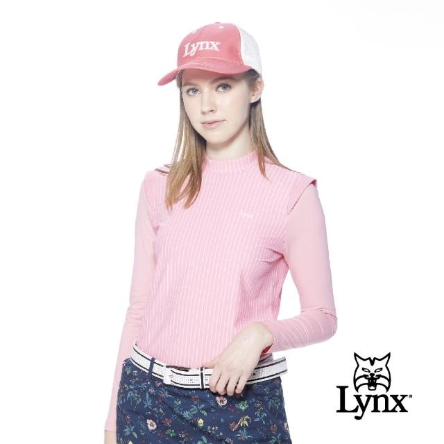 【Lynx Golf】korea女款假兩件式經典直條紋路長袖POLO衫/高爾夫球衫(粉色)