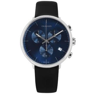 【Calvin Klein 凱文克萊】紳士簡約 三眼計時 日期 夜光 瑞士製造 皮革手錶 藍x銀框x黑 43mm(K8M271CN)