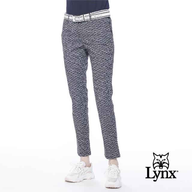 【Lynx Golf】korea女款滿版Lynx字樣印花造型D型環設計平口休閒長褲(黑色)
