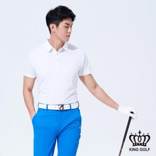 【KING GOLF】網路獨賣款-男款小細格紋滿版印花POLO衫/高爾夫球衫(淺藍)