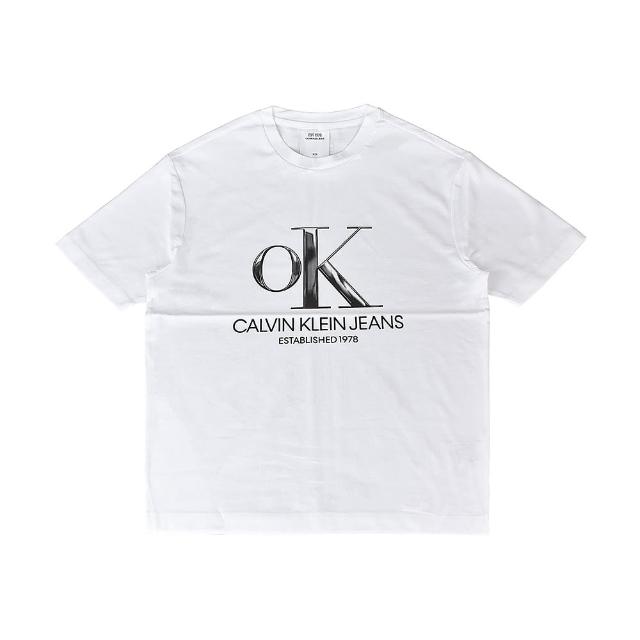 【Calvin Klein 凱文克萊】CK Calvin Klein黑白漸層OK LOGO純棉短T(男裝/白)