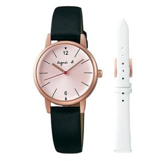 【agnes b.】法式質感女孩皮帶套錶組-粉黑(BH8033X1/VJ21-KG40P)