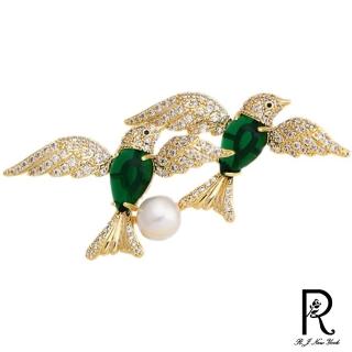 【RJNewYork】綠晶比翼鳥珍珠時尚胸針別針兩用款(金色)