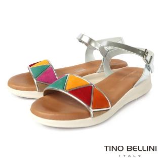 【TINO BELLINI 貝里尼】西班牙進口多彩撞色牛皮繫帶平底涼鞋FSNT0002(銀)