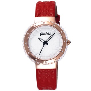 【Folli Follie】海洋風情晶鑽時尚腕錶-玫瑰金框白x紅色皮帶(WF13B032SPW-RE)