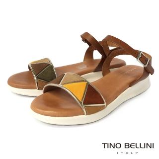 【TINO BELLINI 貝里尼】西班牙進口多彩撞色牛皮繫帶平底涼鞋FSNT0002(棕)