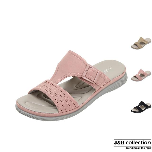 【J&H collection】時尚拼接透氣坡跟厚底涼拖鞋(現+預  杏色 / 粉色 / 黑色)