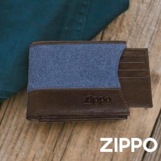 【Zippo官方直營】丹寧藍棕色雙折皮夾-可抽夾層(皮件皮夾)