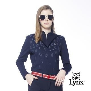【Lynx Golf】korea女款小花圖樣造型縫線花領立領長袖POLO衫/高爾夫球衫(深藍色)