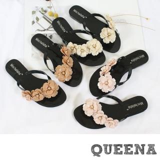 【QUEENA】牡丹花朵低跟人字果凍拖鞋/防水雨鞋(3色任選)