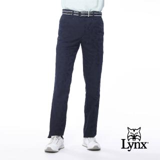 【Lynx Golf】男款混紡材質英文字體圖樣紋路兩側腰圍鬆緊帶設計平口休閒長褲(黑色)