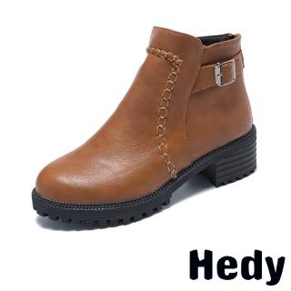 【Hedy】粗跟短靴/個性手工縫線造型時尚皮帶釦飾粗跟短靴(棕)