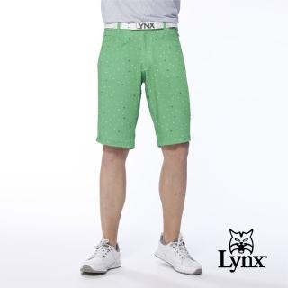 【Lynx Golf】男款吸排彈性滿版英文字體印花後腰內配色織帶設計平口休閒短褲(綠色)