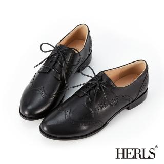 【HERLS】牛津鞋-水染牛皮翼紋沖孔擦色德比鞋牛津鞋(黑色)