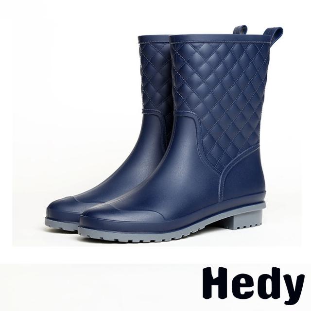 【Hedy】中筒雨靴/時尚經典菱格紋百搭中筒雨靴(寶藍)