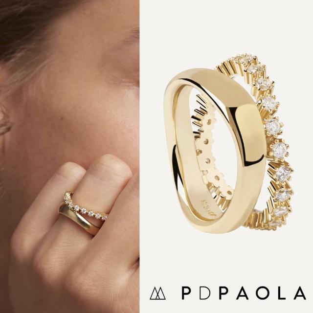 【PD PAOLA】西班牙時尚潮牌 白鑽S波浪戒指 簡約金色戒指 雙層設計 MOTION GOLD(925純銀鑲18K金)
