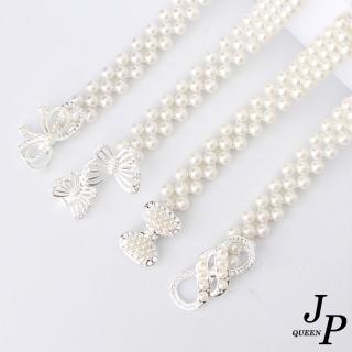 【Jpqueen】甜美珍珠蝴蝶結編織彈性水鑽腰封(11色能選)