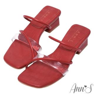 【Ann’S】透明帶mix細帶-粗跟方頭涼拖鞋4cm(紅)