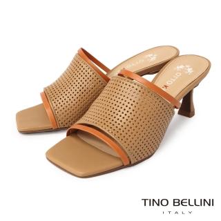【TINO BELLINI 貝里尼】巴西進口時髦撞色沖孔簍空細跟涼拖鞋FSSO0001(棕)