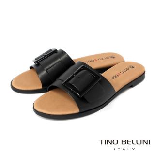 【TINO BELLINI 貝里尼】簡約金屬方釦寬帶平底涼拖鞋FSQO0002(黑)