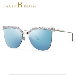 【Helen Keller】Helen Keller 時尚偏光墨鏡 光芒奢華水晶眉型框(渡藍膜+透明框 H8627-HD52)