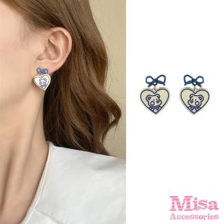 【MISA】韓國設計S925銀針可愛撞色愛心小熊造型耳環(S925銀針耳環 愛心耳環 小熊耳環)