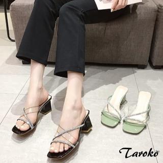 【Taroko】時尚方頭交叉透明水鑽粗高跟涼鞋(3色可選)