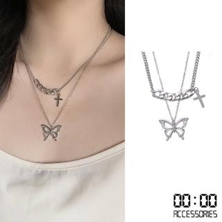 【00:00】韓國設計多層次十字架蝴蝶造型項鍊(多層次項鍊 十字架項鍊 蝴蝶項鍊)