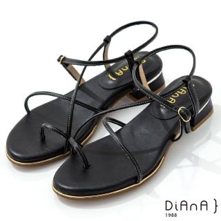 【DIANA】4cm質感牛皮幾何線帶交織羅馬低跟夾腳涼鞋(黑)