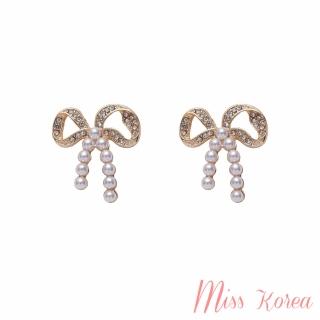 【MISS KOREA】韓國設計S925銀針甜美氣質珍珠美鑽蝴蝶結造型耳環(S925銀針耳環 珍珠耳環 蝴蝶耳環)