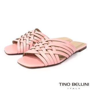 【TINO BELLINI 貝里尼】巴西進口簡約交錯編織牛皮平底涼拖鞋FSQV0001(粉)