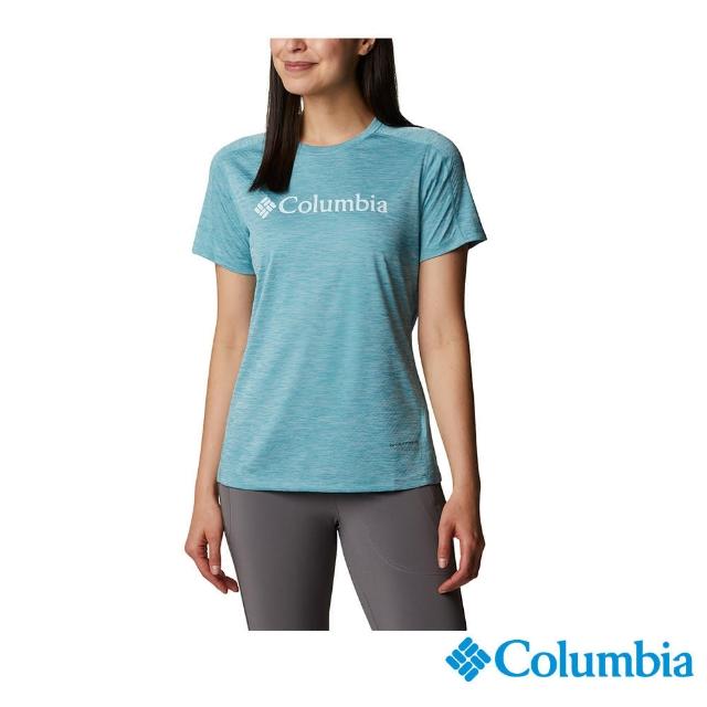 【Columbia 哥倫比亞 官方旗艦】女款- UPF30涼感快排LOGO短袖上衣-湖水綠(UAR55460AQ / 2022年春夏商品)