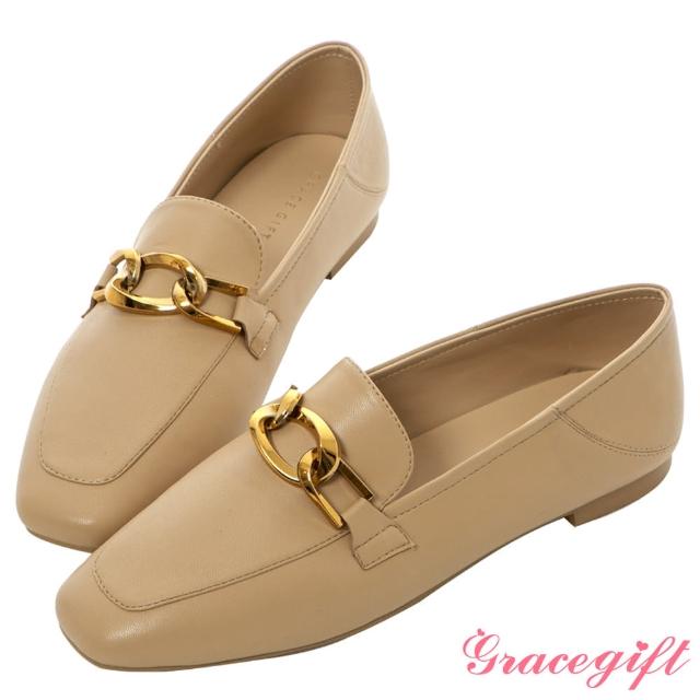 【Grace Gift】不規則金屬釦平底樂福鞋(卡其)