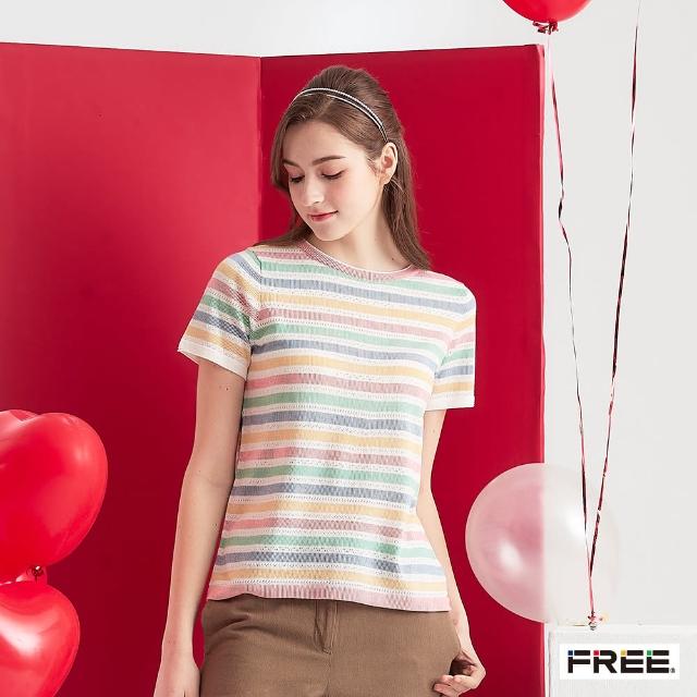 【FREE】有機棉和諧彩色勾針短袖針織衫(本白/丈青)
