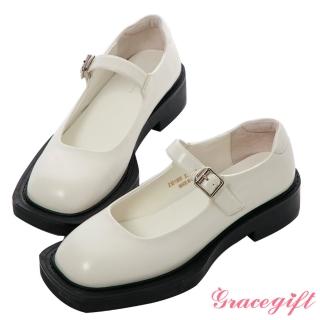 【Grace Gift】微方頭加厚底瑪莉珍鞋(白)
