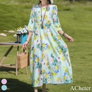【ACheter】四千金風情印花棉麻大碼寬鬆洋裝#112511現貨+預購(2色)