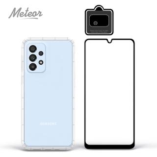 【Meteor】SAMSUNG Galaxy A33 5G 手機保護超值3件組(透明空壓殼+鋼化膜+鏡頭貼)